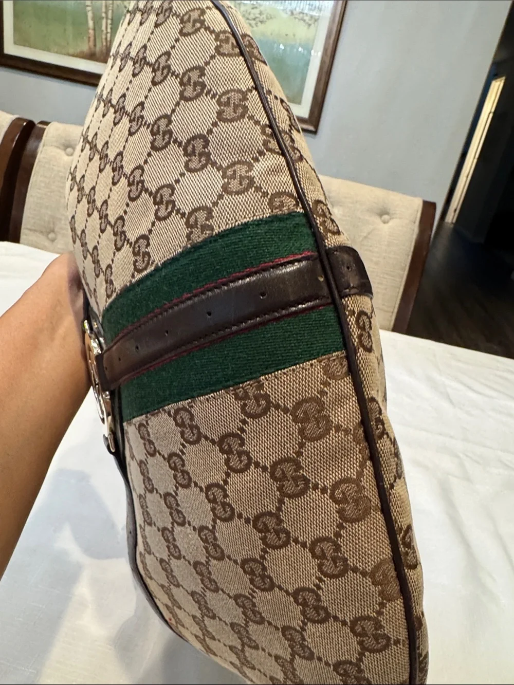 Authentic Gucci Beige GG Canvas Hobo with Red and Green Web Stripe